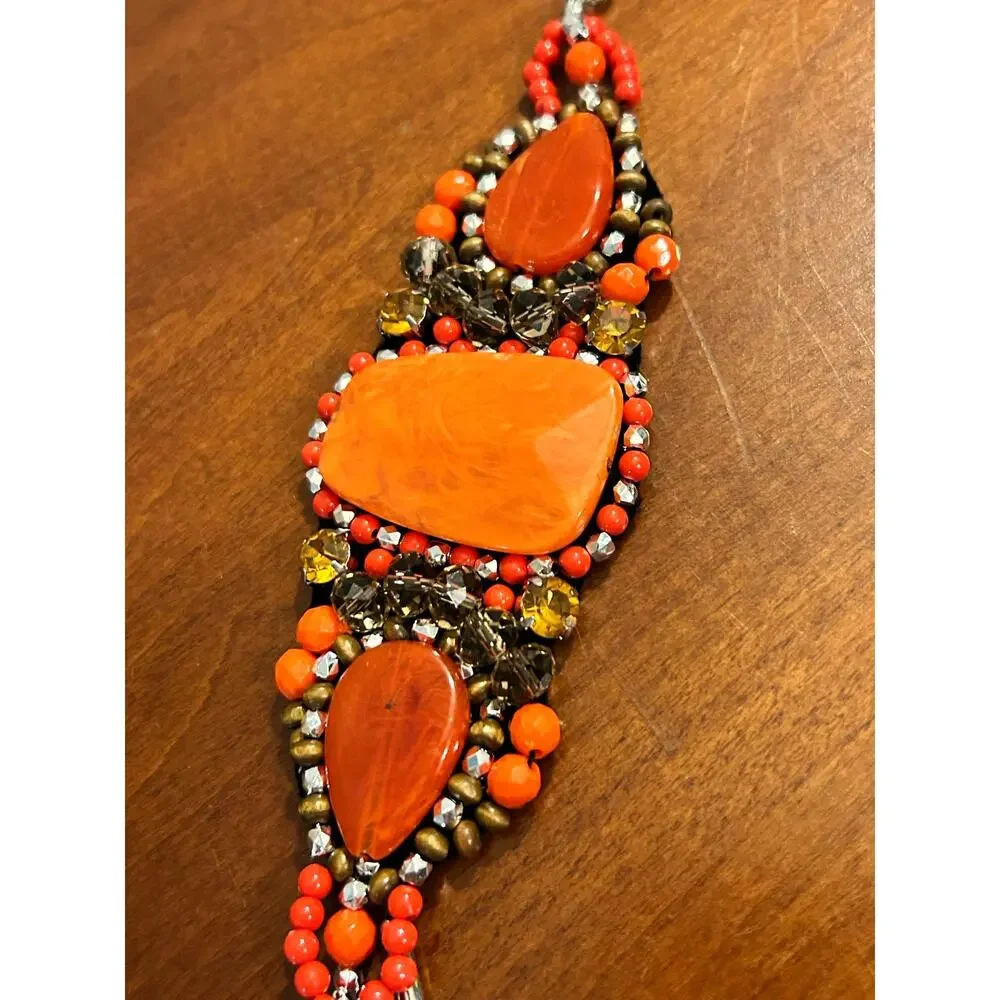 Handmade Beaded Statement Bracelet - Orange Red Gold Silver 6